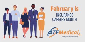 Illustration of insurance professionals with ATF Medical logo and Insurance Careers Month